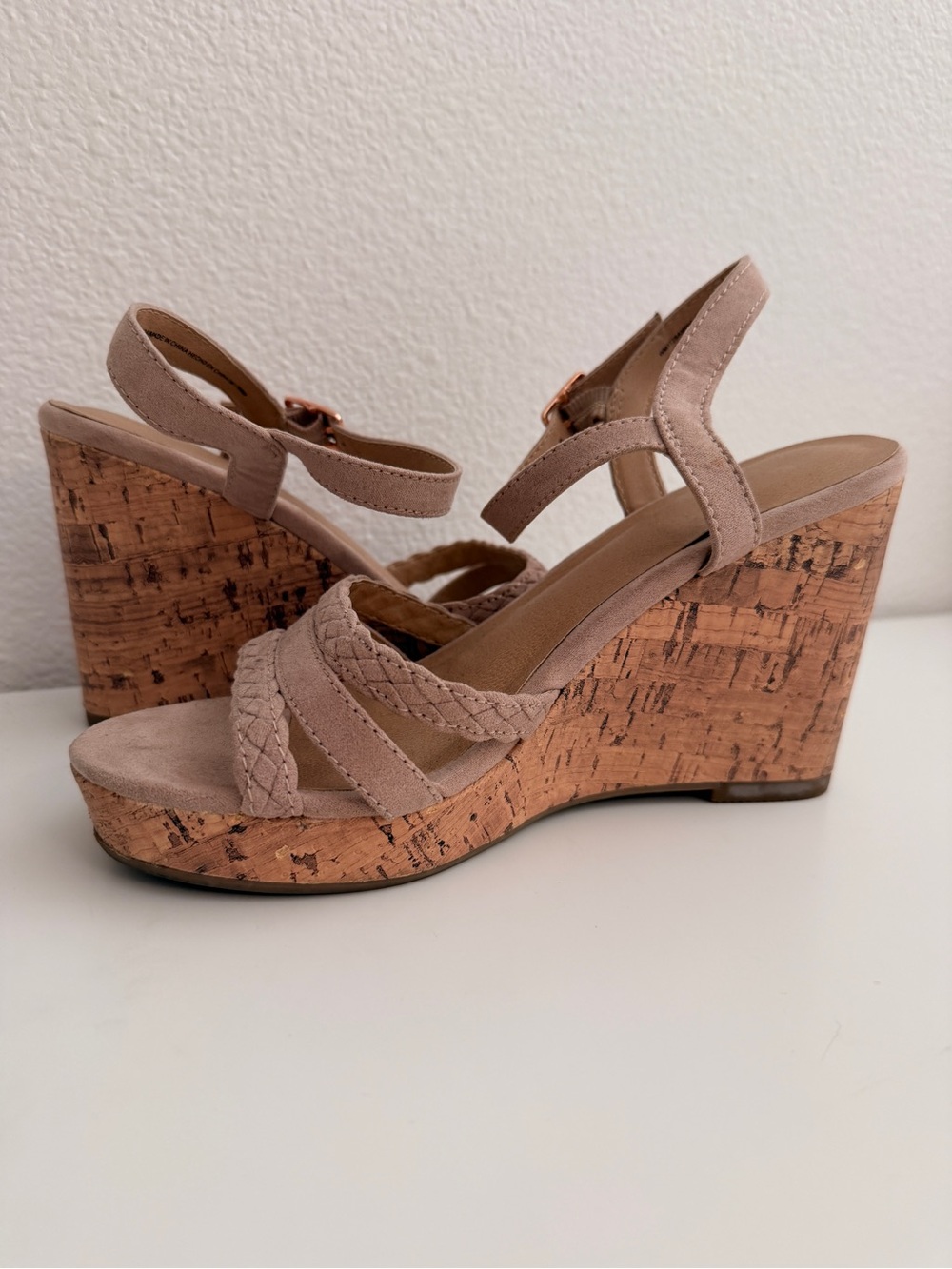 Time and Tru Taupe Braided Cork Wedge Sandals